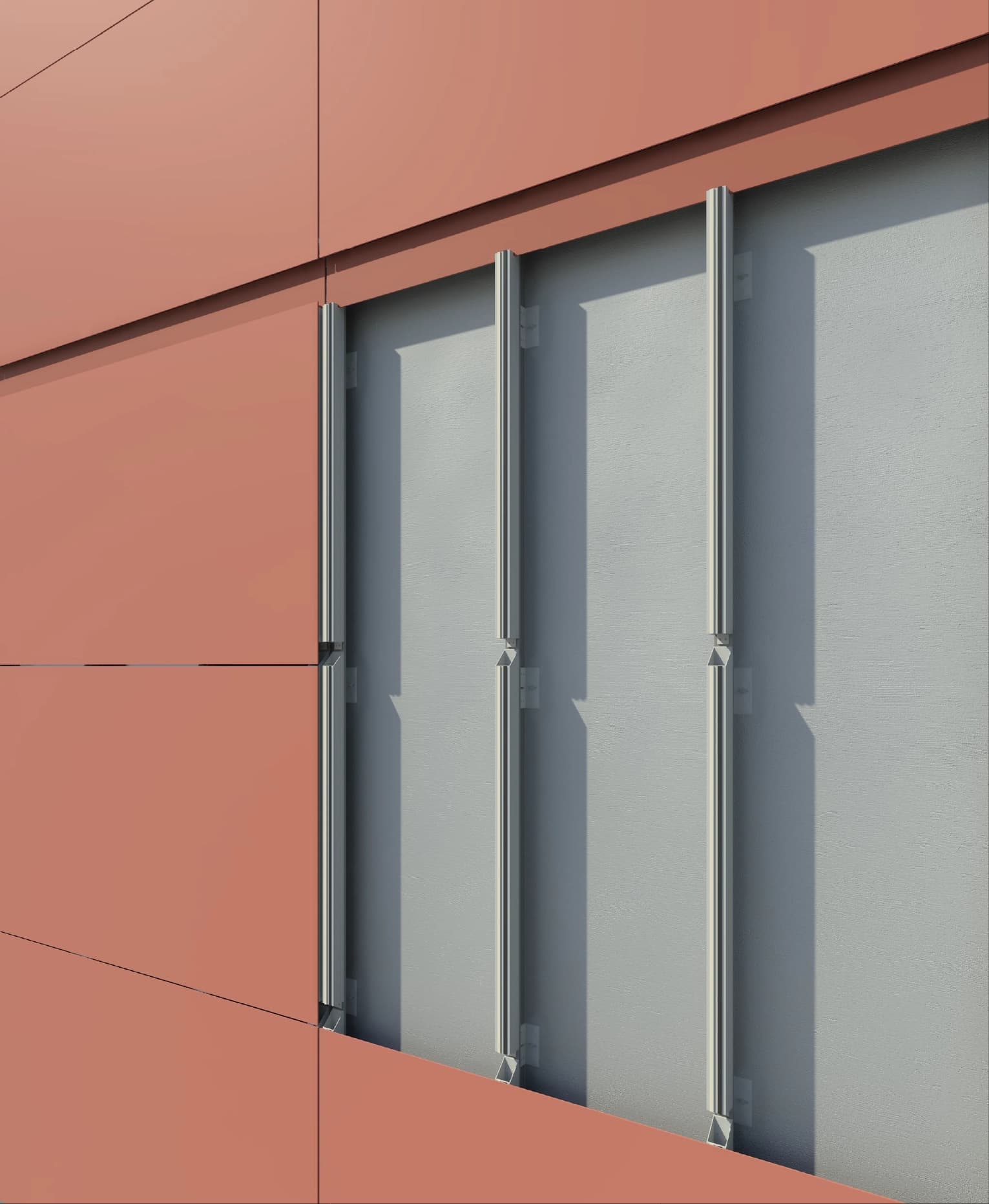 Mechanical fixation facade system detail showing brackets and aluminum profiles